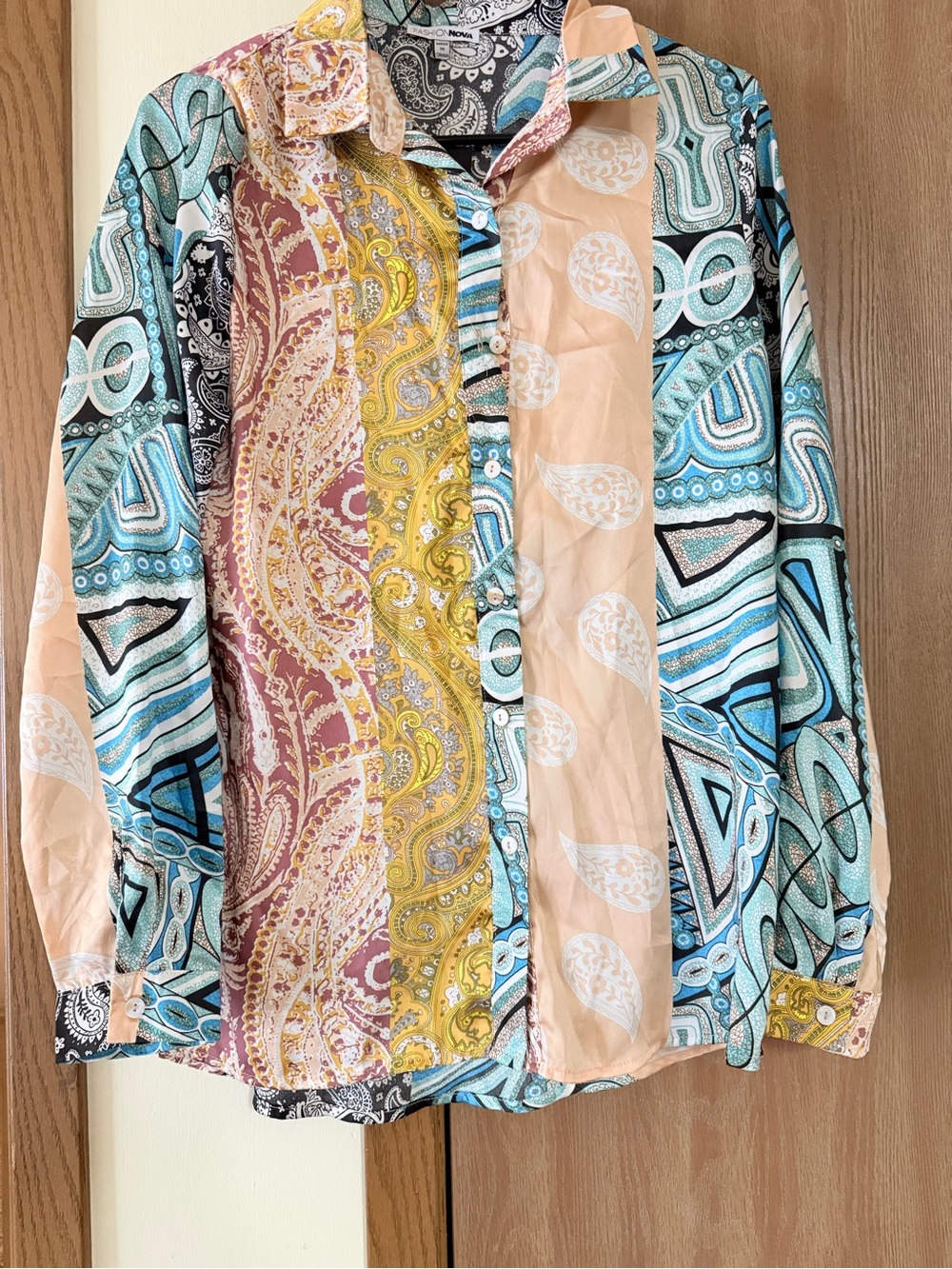 Fashion Nova Multicolor Patchwork Paisley & Geometric Button-Up Blouse